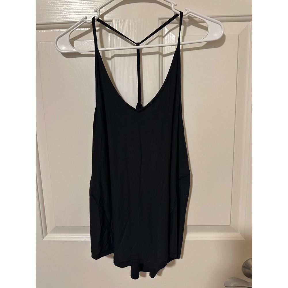Lululemon Tank Top Women M Black T-Back Split Hem V-Neck Activewear Strappy Yoga